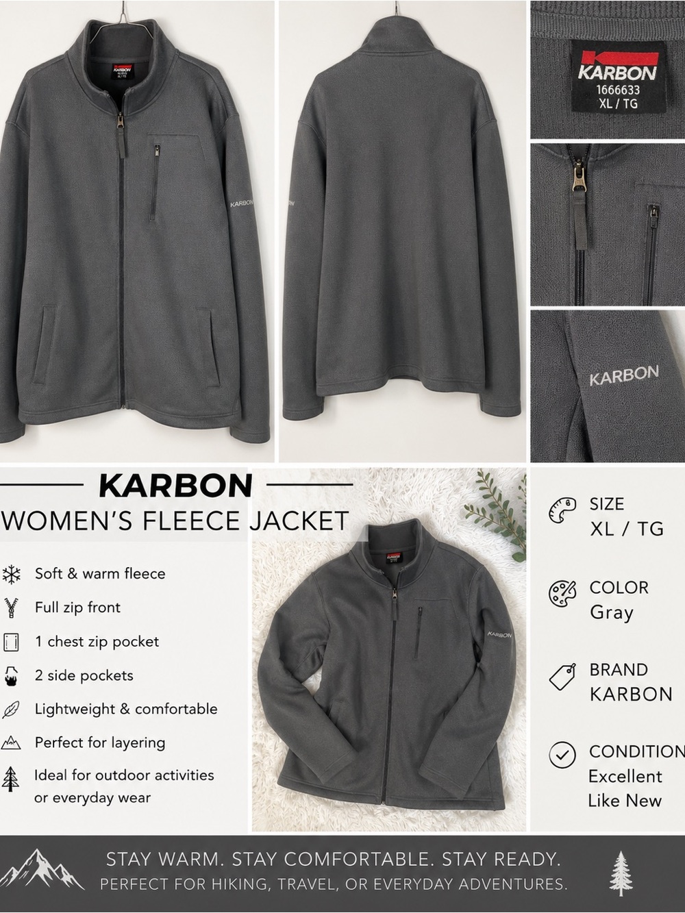Karbon Mens Gray Fleece Jacket - Soft Full-Zip
